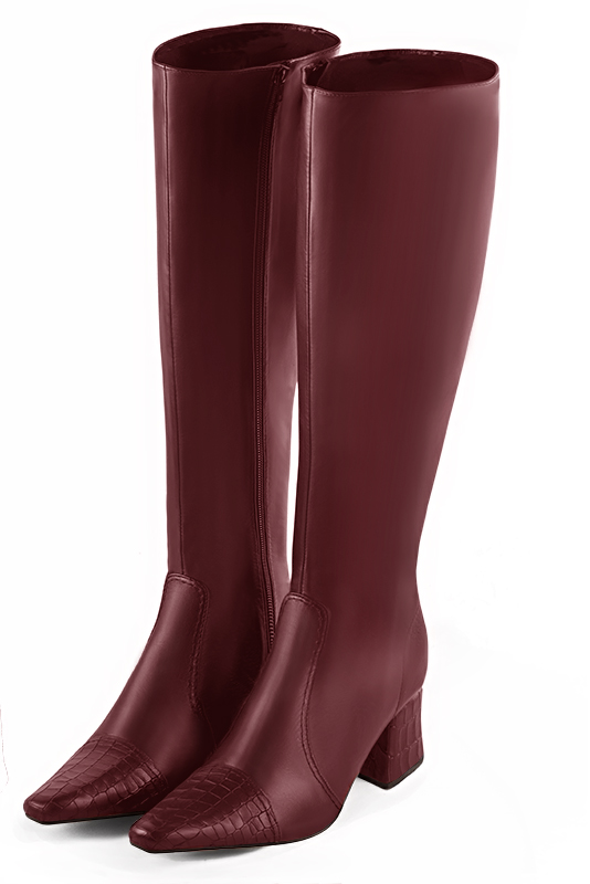 Burgundy red women's feminine knee-high boots. Tapered toe. Medium block heels. Made to measure. Front view - Florence KOOIJMAN